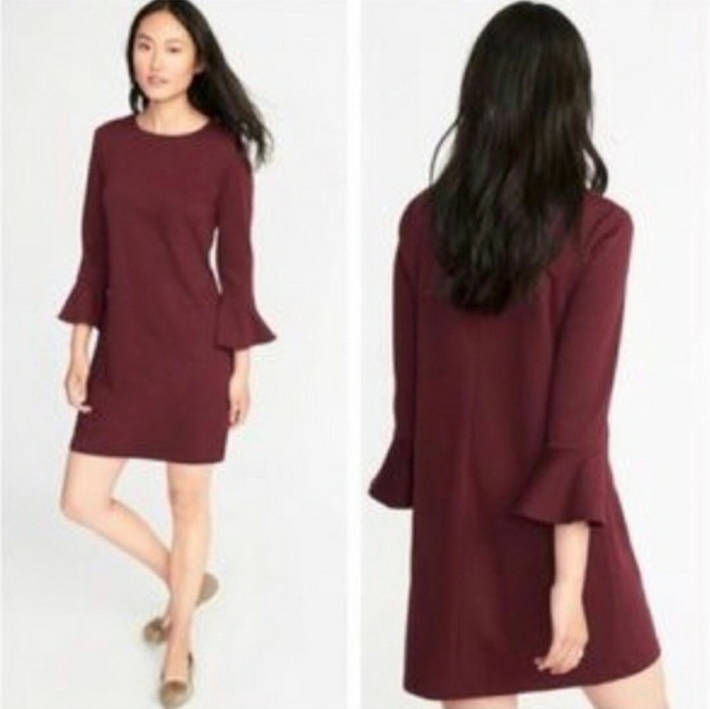Old Navy Ponte Knit Flute Sleeve Shift Dress Cabarnet Wine Size Medium